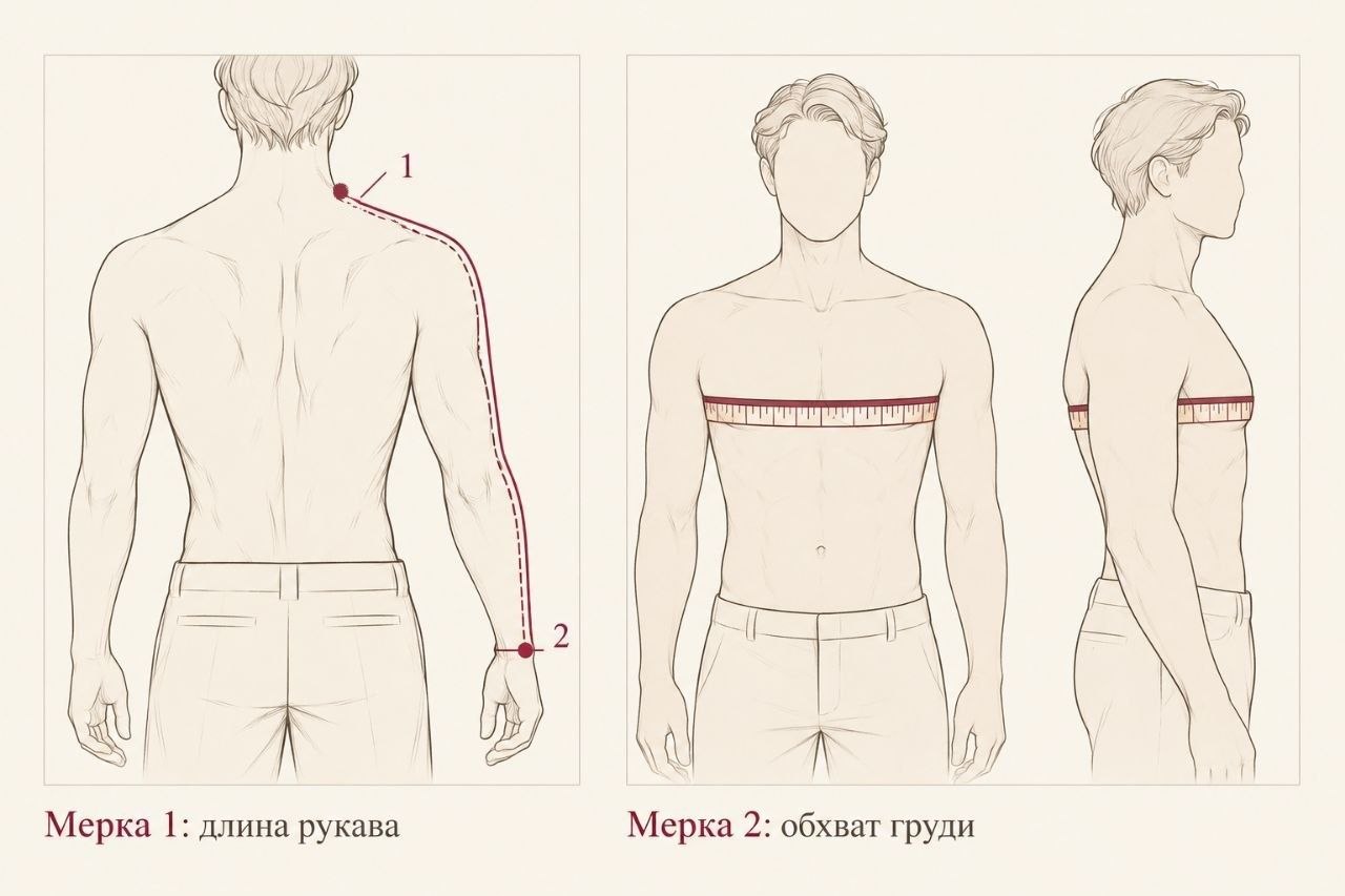 Как снять мерки: длина рукава от основания шеи до запястья и обхват груди